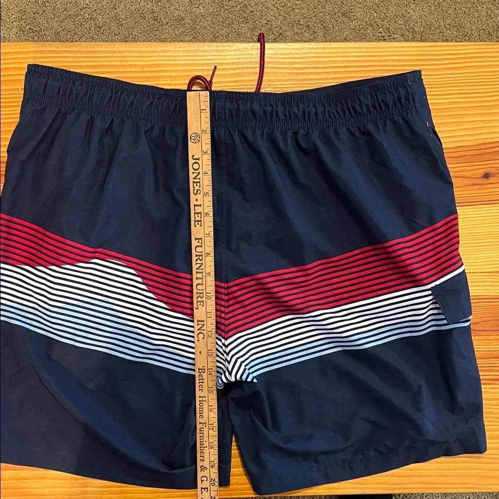 Men's Navy Stripe Swim Trunks with Red Accent